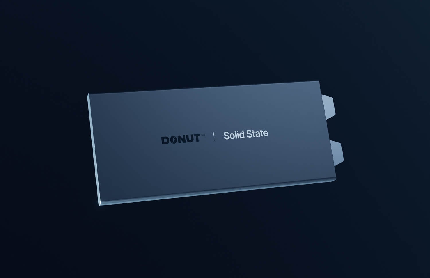 A sleek, dark gray solid state drive labeled "DONUT Solid State" with two small tabs on one side, displayed against a dark blue background.